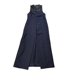 Prada Slit Dress Full Length Beaded Wool Silk Blend Navy Size EU 40